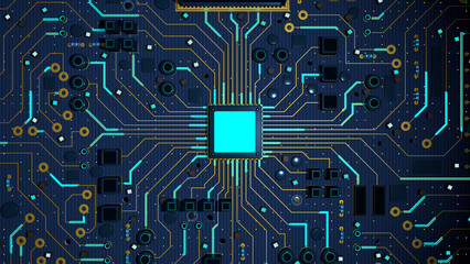 complex motherboard with microchip in the center with blue light surrounded by circuits. 3D Illustration