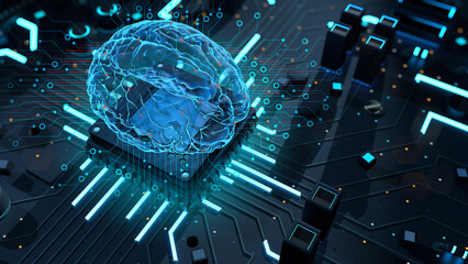 Transparent brain with blue light on microchip on complex circuit board. Artificial intelligence concept. 3D Illustration