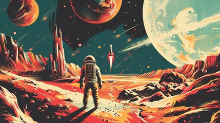 Astronaut on alien planet with multiple planets visible.