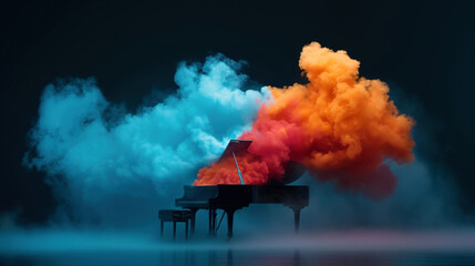 Grand piano with blue and orange smoke clouds on a dark background, creating a dramatic and artistic scene.