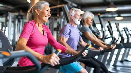 Senior couple staying fit with wearable health tech in a home gym 