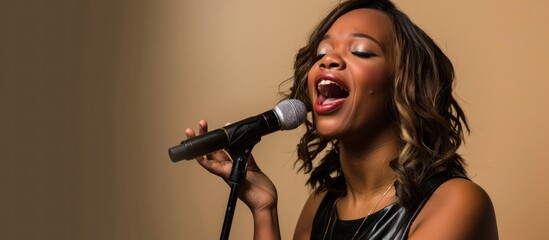 Naklejka premium Portrait of a young beautiful mixed race girl on a bright background. Advertising banner of a woman singing in a microphone. Concept of relaxation and karaoke.
