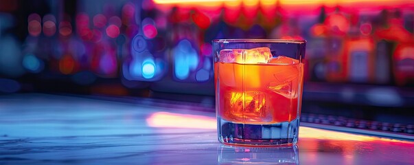 A vibrant cocktail with ice, set against a colorful bar backdrop. Perfect for nightlife, parties, or beverage-related themes.