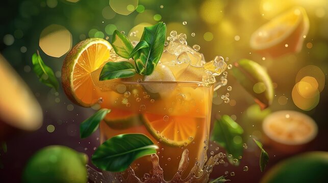 Refreshing cocktail with citrus splash, vibrant colors, and ice, perfect for summer or tropical themed occasions.