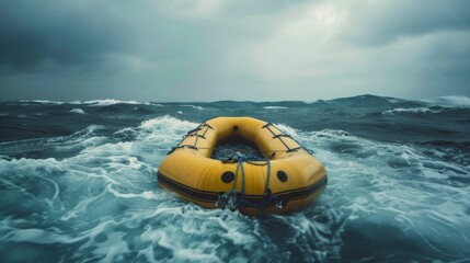 Obraz premium A striking yellow life raft floats amidst turbulent ocean waves, symbolizing hope and survival against a backdrop of looming storm clouds.