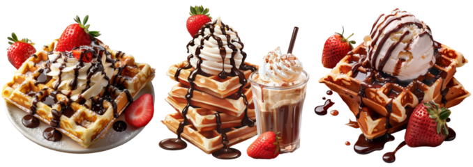 Set of Waffle Dessert with Whipped Cream and Fresh Strawberries – Perfect Gourmet Treat Illustration for Breakfast and Sweets Promotions, Isolated on Transparent Background