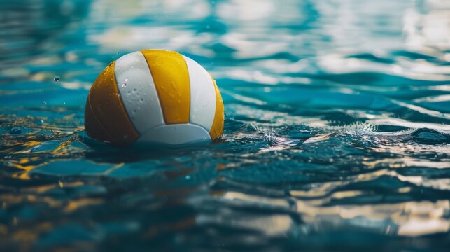 Yellow and white beach ball floating on the shimmering surface of a swimming pool, capturing the essence of summer fun and relaxation.