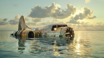 A rusted airplane fuselage half-submerged in calm water, bathed in the golden light of a setting sun, creating a dramatic and reflective ambiance.