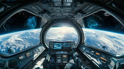 Spacecraft cockpit with view of Earth in outer space