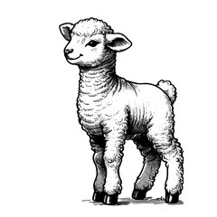 Fototapeta premium A cute lamb stands in front of a white background. The lamb is the main focus of the image, and it is looking up at the viewer. The image has a warm and inviting mood