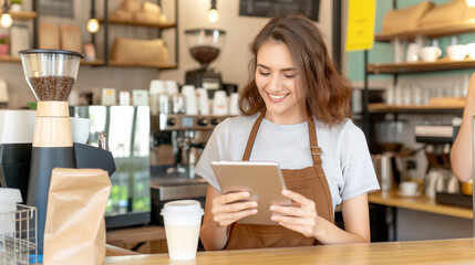 Portrait of happy biracial female barista wearing apron and using tablet in cafe 