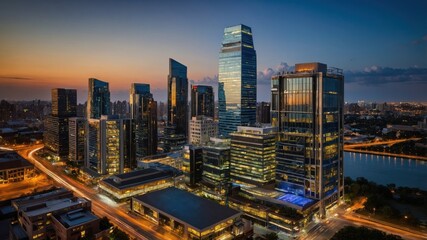 Aerial view of a modern city skyline at dusk, featuring illuminated skyscrapers and busy streets below.
