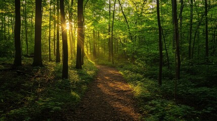Obraz premium Sunlight Streaming Through Trees in a Forest