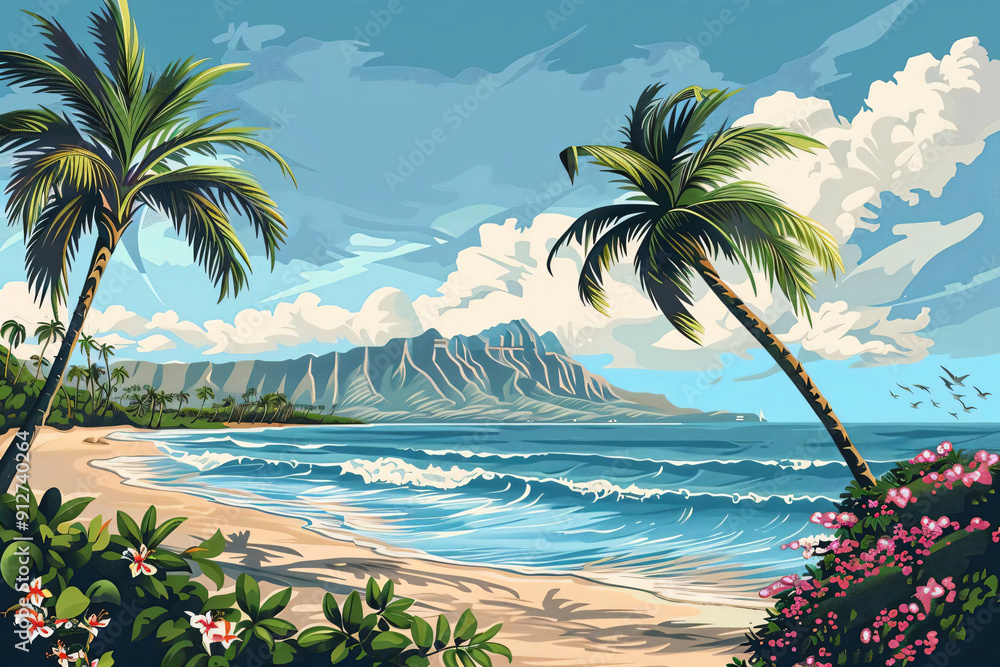 Poster tropical beach landscape with palm trees and mountains.