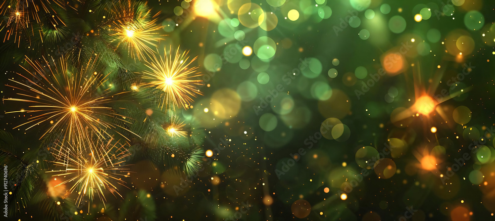 Sticker Green and Gold Fireworks Background.