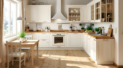 Small kitchen with white cabinets and light wood floors 