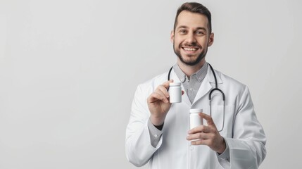 A smiling doctor proudly displays two medication bottles against a neutral backdrop, emphasizing healthcare and professionalism.
