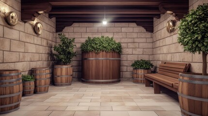 Fototapeta premium A rustic log cabin interior features wooden walls, benches, and large windows allowing light to flood the space