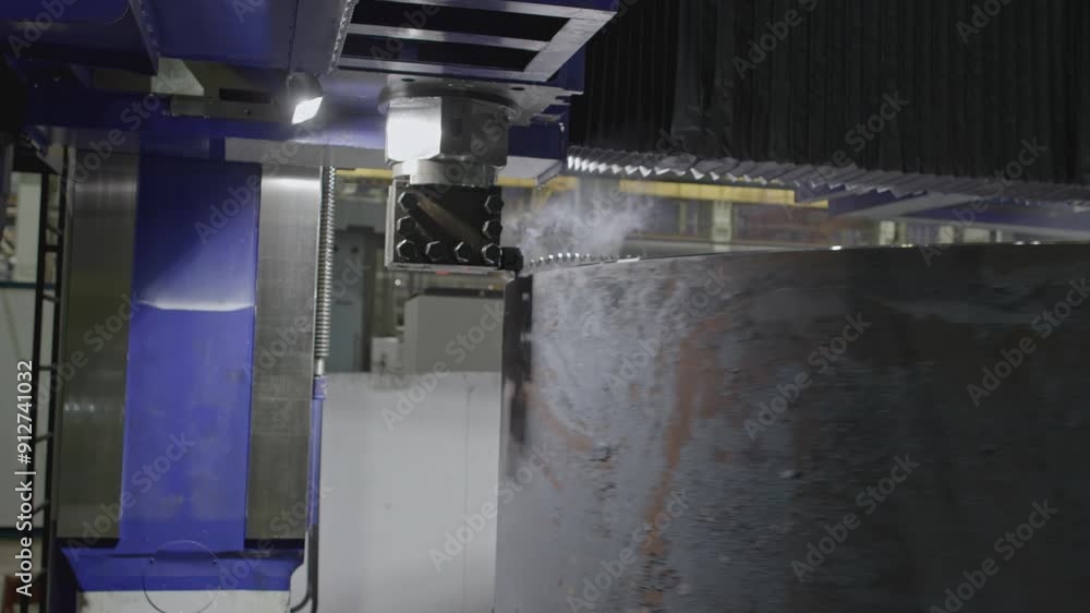 Poster Grinding of concrete wheel at factory. Stock clip. Processing of stone block on rotating machine. Automated grinding machine for stone processing in factory