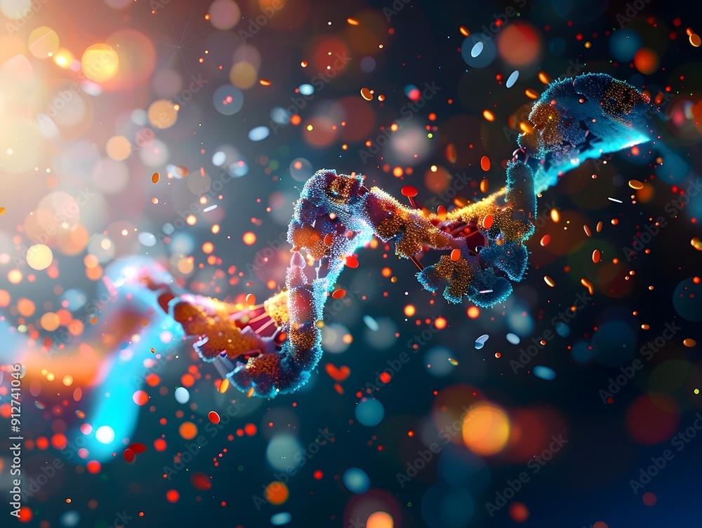 Poster abstract dna double helix with bokeh lights.