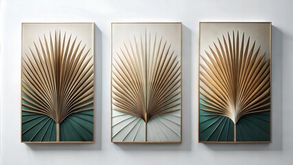 Set of three abstract minimalist botanical wall art panels with translucent palmetto fan leaf
