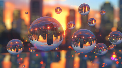 Soap bubbles with cityscape reflections. 