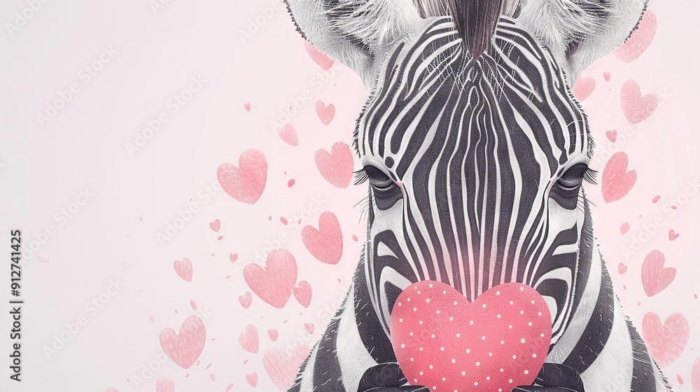 Poster a close-up image of a zebra with a heart on its nose and hearts adorning the walls in the background