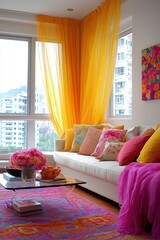 Modern Living Room with Yellow Curtains, Colorful Pillows, and a Pink Throw
