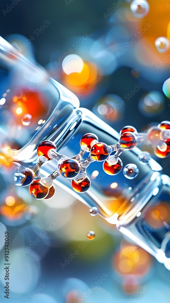Poster abstract molecular structure with colorful bokeh.