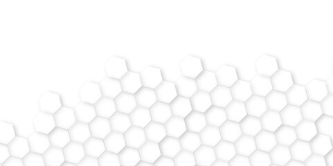 Abstract background with squares. White surface with hexagonal shapes showing on the right sid,Surface polygon pattern with glowing hexagon paper texture, honeycomb white Background ,light and shadow 