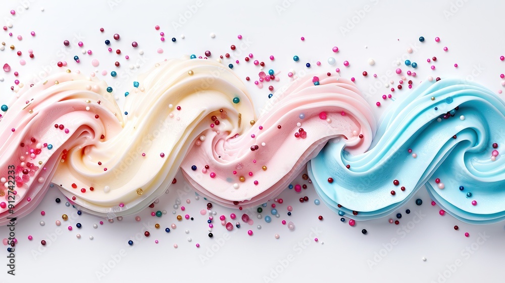 Poster a zoomed-in shot of three distinct doughnut varieties adorned with colorful toppings