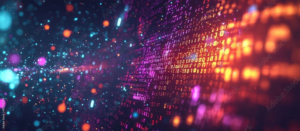 Poster glowing neon text of quantum technology on abstract digitally blurred background 3d rendered scienti