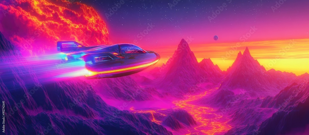 Aufkleber dynamic 3d rendering of a futuristic hovercraft soaring above a vibrant electrifying landscape under
