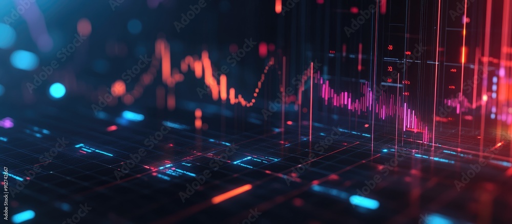 Poster visual representation of statistical data analysis on a grid network with a dark backdrop concept of