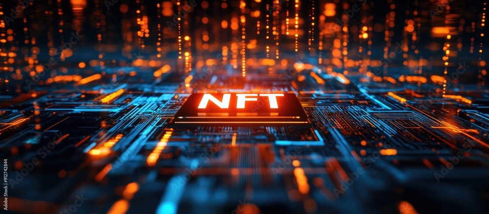 Poster illuminated nft text on electronic circuit board background digitally created multiple exposure show