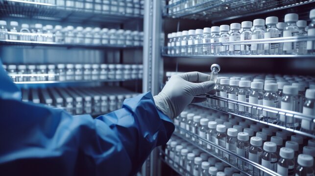A gloved hand selects a vial from a fully stocked, well-organized laboratory freezer, highlighting precision and scientific research in a controlled environment.