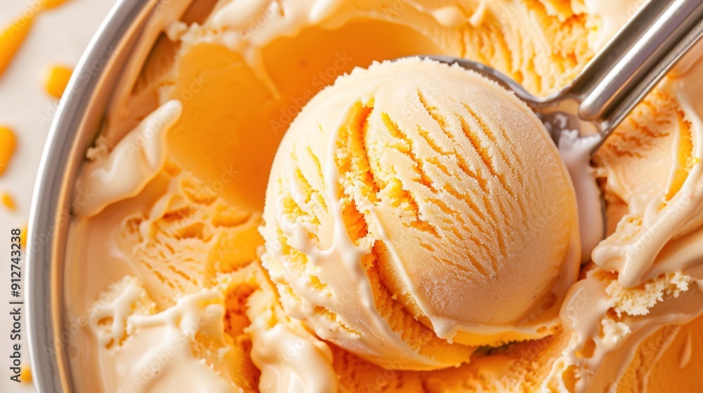 Poster two scoops of ice cream in a bowl with corn kernels on the side and a spoon in the bowl