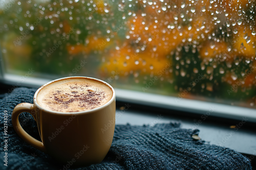 Sticker Caramel Macchiato with a Rainy Autumn Window View  