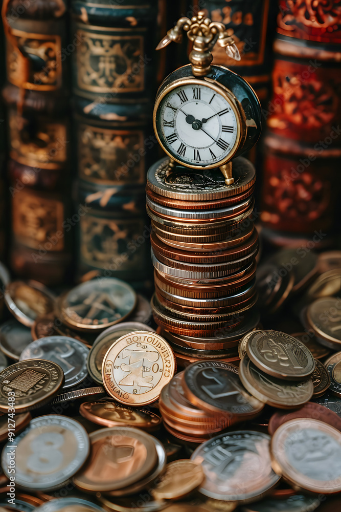 Poster stack of coins with a small clock on top.