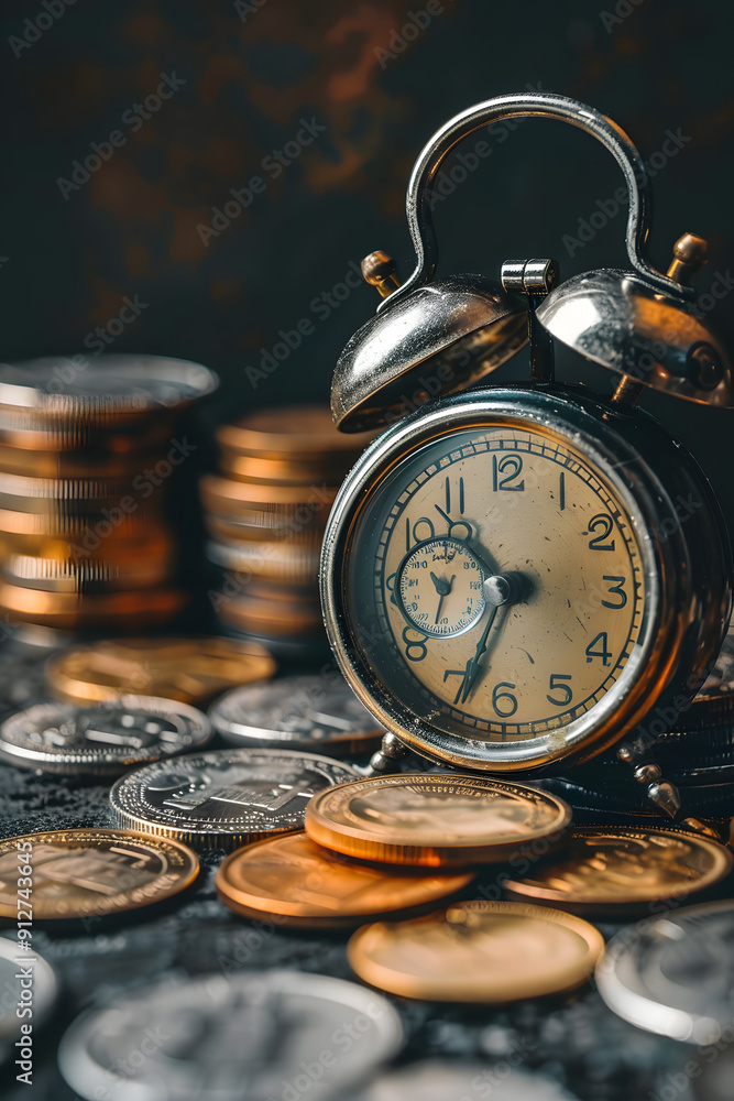 Poster stack of coins with a small clock on top.