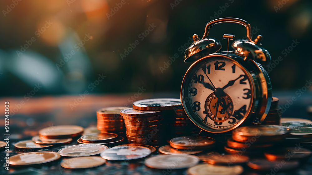 Poster stack of coins with a small clock on top