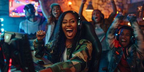 A group of friends celebrate a victory in a video game, expressing excitement and joy.