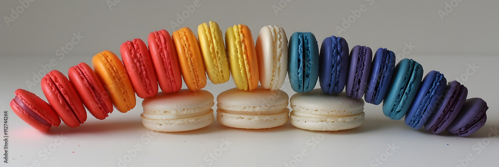 Poster stack of colorful macarons forming a rainbow arc.