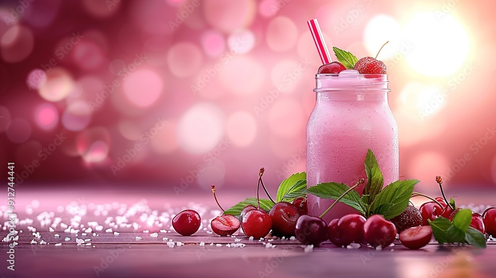 Aufkleber smoothie with cherries and a straw in a mason jar; add a cherry on top