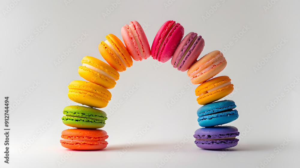 Poster stack of colorful macarons forming a rainbow arc.