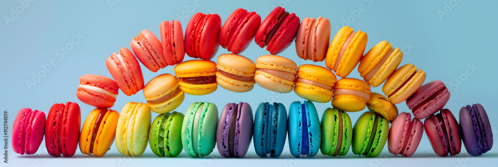 Poster stack of colorful macarons forming a rainbow arc.