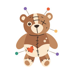 Cute Voodoo doll teddy bear with hearts, pin, stitches, patches.. Vector illustration in cartoon style.