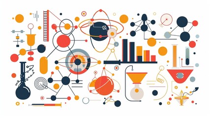 Colorful schematic of scientific elements and charts