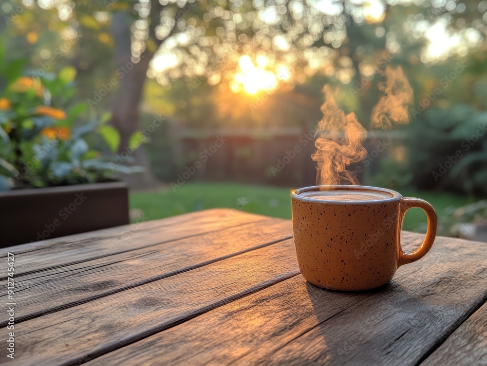 Wall mural First sip of coffee with steam rising, Monday morning, invigorating start