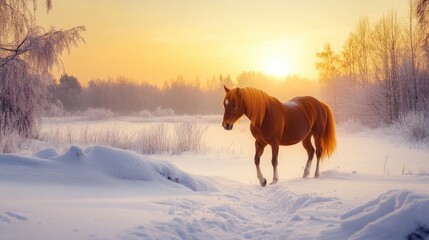 A Horse Walking Through a Snowy Field at Sunset